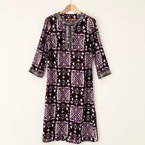 Tory Burch Purple & Brown Beaded Abstract Ikat Midi Kaftan Tunic, Size 6, EUC